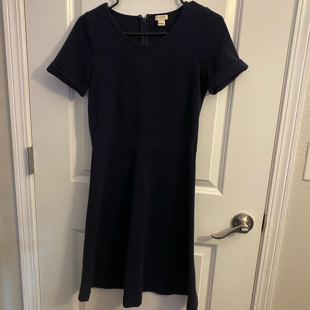 𝅺💜 J Crew Women's Crew Neck Solid Navy Shirt Sleeve Dress Size 2